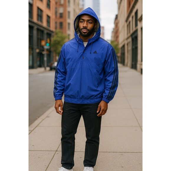 Adidas Men's Athletic Hooded Pullover Windbreaker Rain Jacket - Picture 1 of 12